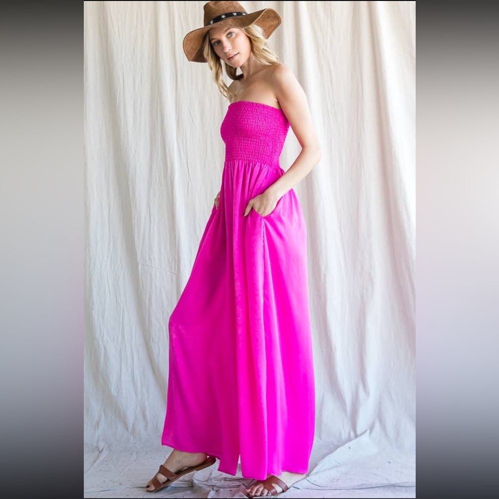 ✨ NEW LIST ✨ Fuchsia Smocked Top Strapless Wide Leg Jumpsuit Shiny Like Satin - Picture 3 of 5